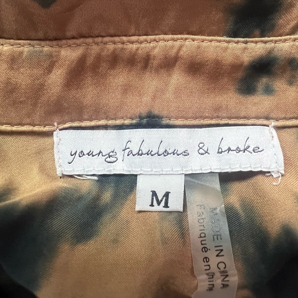 Young Fabulous And Broke Susan Tie Dye  Button Down Satin Shirt Blue Tan Boho - Picture 9 of 12
